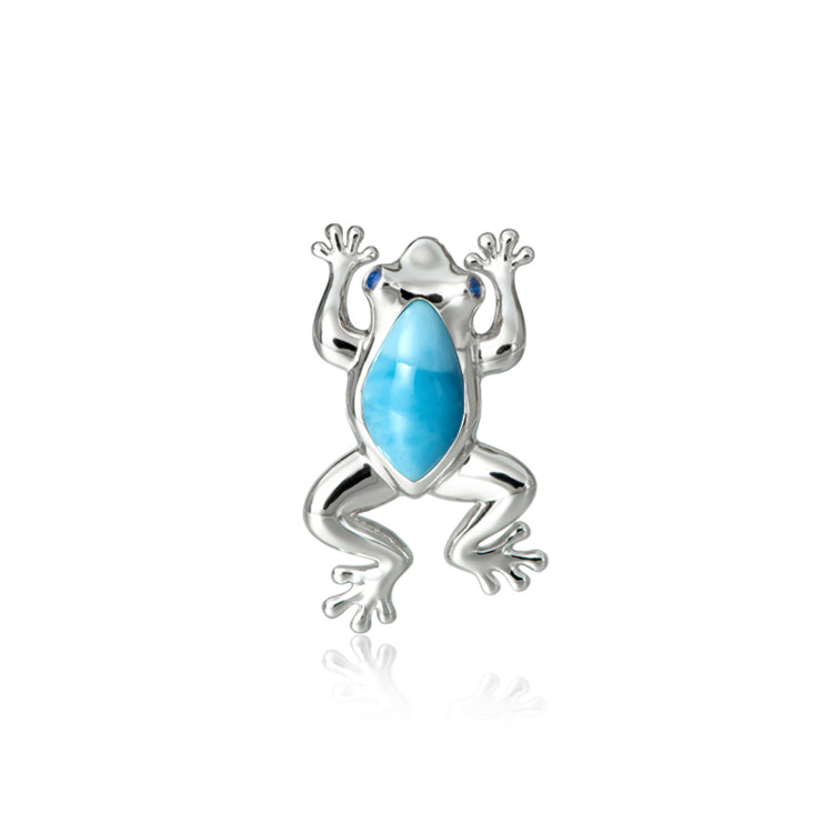 Sterling Silver Extended Frog Pendant with Larimar Body and Sapphire Eyes