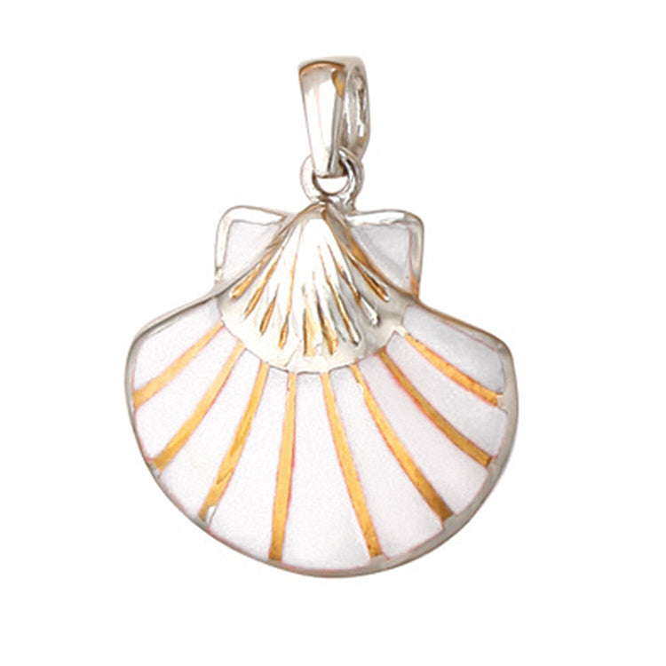 3-D Scallop Pendant with White Mother of Pearl by Kovel.  Made from 925 Rhodium Silver with Delicate 18Kt Gold Accent Plating.  Dimensions: 1 1/8" Drop Including the Bail, 3/4" Width