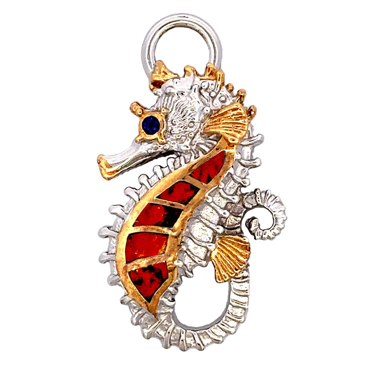 Seahorse Bracelet Topper with Lab Created Black Cherry Opal and Sapphire Eye by Kovel.   Made from 925 Rhodium Silver with Delicate 18Kt Gold Accent Plating  Dimensions:  1 3/8" High, 3/4" Wide