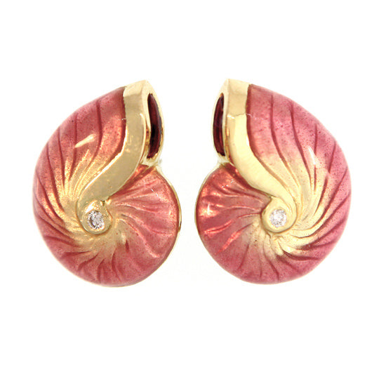 18Kt Yellow Gold Medium Pink Glass Enamel Nautilus Shell Earrings with  .08TW Diamonds, and Omega Clip Backs