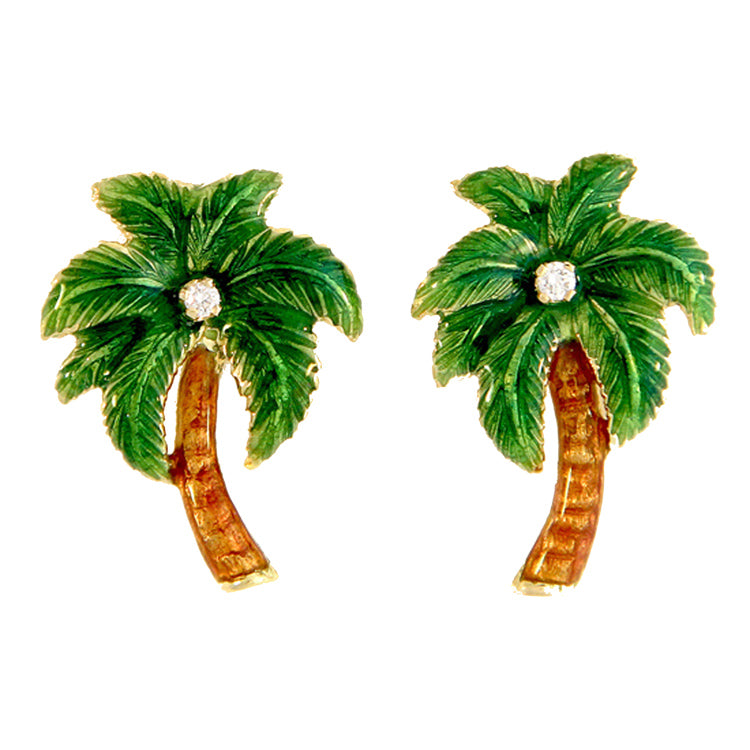 Palm Tree Earrings, 18Kt, Glass Enamel and Diamonds