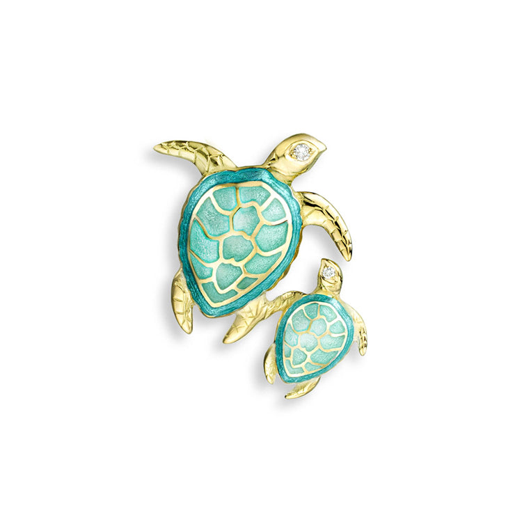 Mama &amp;amp; Baby Green Turtle Pendant in 18K with&amp;nbsp; Vitreous Enamel and Diamond Eyes, by Nicole Barr Jewelry. Size:&amp;nbsp;18 mm