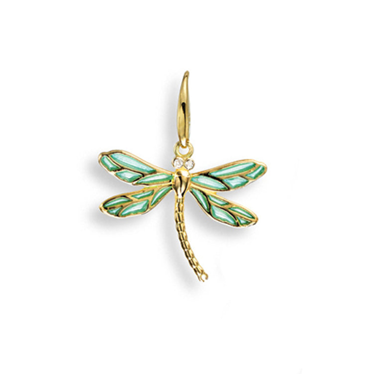 Blue-Green Dragonfly Pendant in 18K Yellow Gold with Plique-a-Jour Vitreous Enamel and .01TW Diamonds by Nicole Barr Jewelry