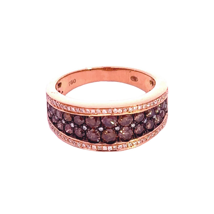 18Kt Pink Gold Tapered Band Ring with 1.04TW of White and Brown Diamonds. Stock size 6.75