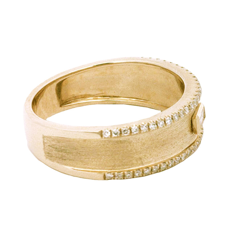 14Kt Yellow Gold Diamond Edged Band with  Baguette center and round Diamonds, 0.26tw. Stock size 6.5