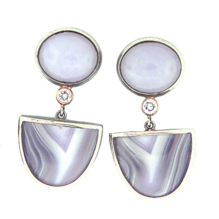 Handmade 14Kt White Gold Earrings. Oval Tops of Lavender Jade Cabochons with Tongue shaped drops of Banded Agate and ..20TW Diamonds and Rose Gold accents. A One of a Kind Cedar Chest Design.