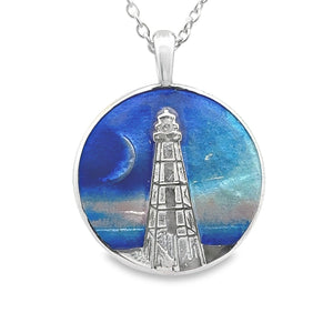 Sterling and vitreous enamel necklace featuring the  Sanibel Island lightouse against a night sky with the crescent moon