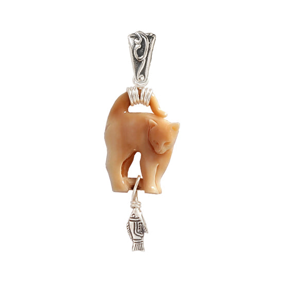 &quot;Cat&#39;s Meow&quot; Fossilized Mammoth Ivory Cat and Sterling Silver Pendant with Dangling Fish by Zealandia. Due to the Natural color variation of Fossil material, Ivory color can vary and may be somewhat darker or lighter than pictured.  Dimensions:  1-1/2&quot; Long , 5/8&quot; Wide, 1-7/8&quot; Drop