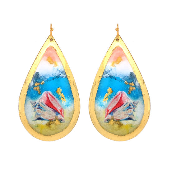 "ConcHandcrafted Brass Teardrop Earrings with 22Kt Gold Leaf "Conch Shell" Earrings on wires by Evocateur - 2 1/2" Droph Shell" Large Teardrop Earrings