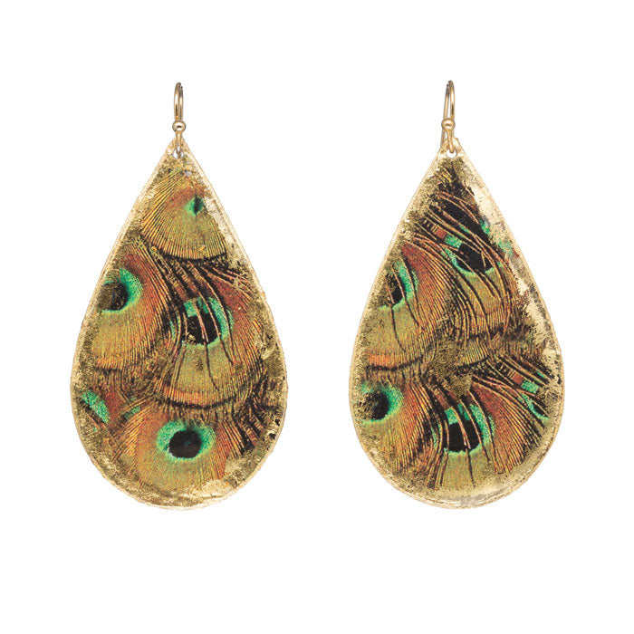 Handcrafted Brass Earrings with 22Kt Gold Leaf "Rusty Peacock" Large Teardrop Earrings on Wires by Evocateur - 2 1/2" Drop