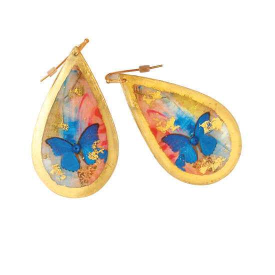 Handcrafted Brass Teardrop Earrings with 22Kt Gold Leaf "Butterfly Sunset" Earrings on wires by Evocateur - 1 1/2" Drop