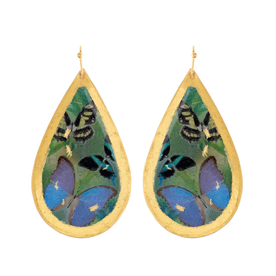 "WaHandcrafted Brass Teardrop Earrings with 22Kt Gold Leaf "Wanderers" Butterfly Earrings on wires by Evocateur - 2 1/2" Dropnderers" Gold Leaf Butterfly Earrings