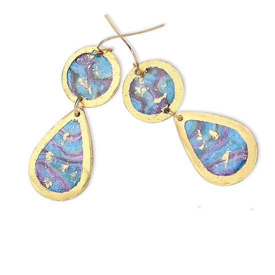 Handcrafted Brass Teardrop Earrings with 22Kt Gold Leaf "Abalone Mini" on wires by Evocateur 