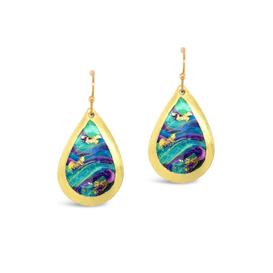 Handcrafted Brass Small Teardrop Earrings with 22Kt Gold Leaf "Abalone" on Wires by Evocateur - 