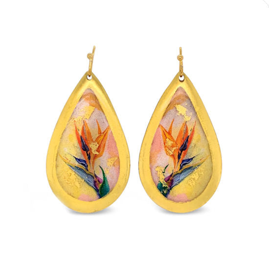 Handcrafted Brass Medium Teardrop Earrings with 22Kt Gold Leaf &quot;Birds of Paradise&quot; on Wires by Evocateur - 1 1/2&quot; Drop