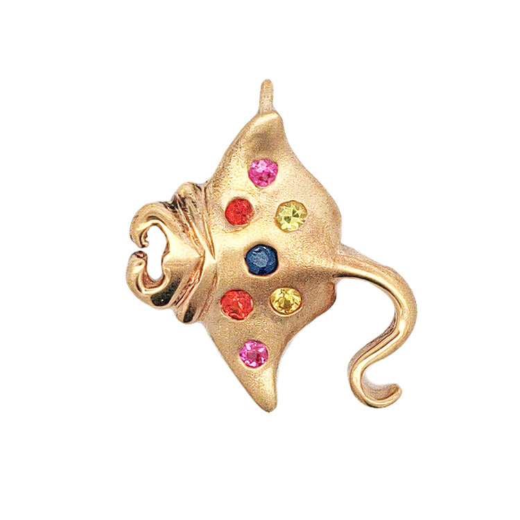 14Kt Yellow Gold Satin Finish Manta Ray Pendant with .28TW  Rainbow Sapphires  Dimensions: 5/8" High, 5/8" Wide