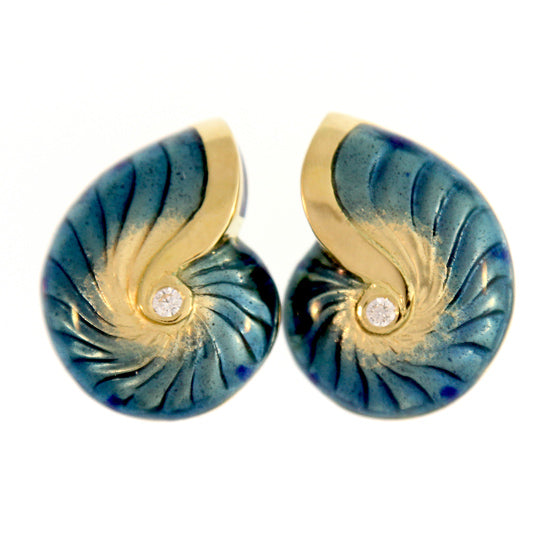 18Kt Yellow Gold Medium Blue Glass Enamel Nautilus Shell Earrings with  .08TW Diamonds, With Omega Clip Backs