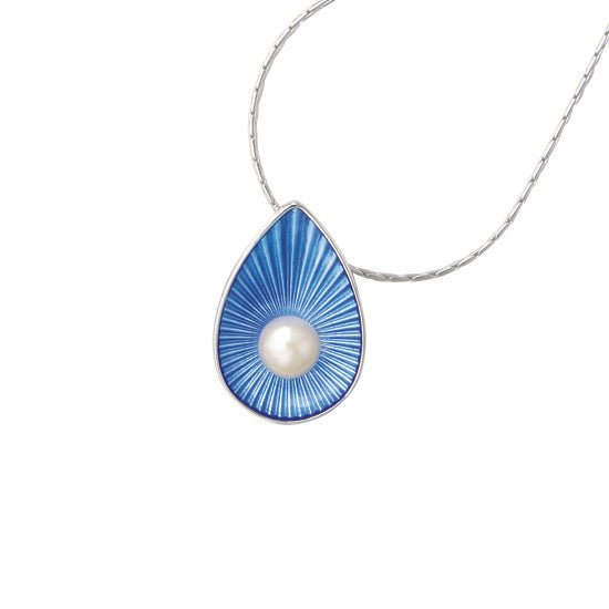 Vitreous Enamel on Sterling Silver Teardrop Shaped Necklace Set with a Pearl - Blue. Adjustable 18 inch chain. By Nicole Barr.  Dimensions: 30mm