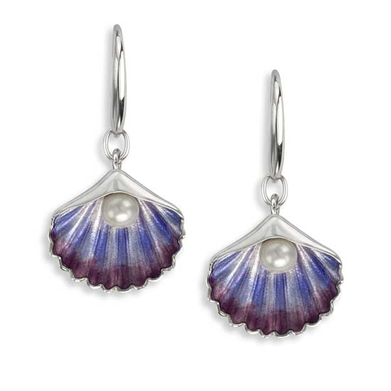 Purple Scallop Shell Wire Earrings in Sterling Silver with Vitreous Enamel - set with Freshwater Pearls by Nicole Barr Jewelry.