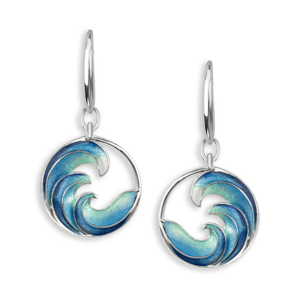 Turquoise Ocean Waves Wire Earrings in Sterling Silver with Vitreous Enamel by Nicole Barr Jewelry. Rhodium Plated for easy care. 
