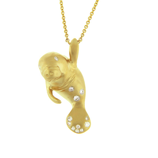 14Kt Yellow Gold Manatee Necklace with .10TW Diamonds.  Dimensions: 1&quot; Drop Including Bail, 1/2&quot; Width