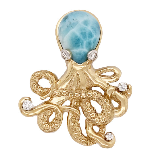 "20,000 Legs Under The Sea" Octopus Pendant from our Cinema Collection. 14Kt Yellow Gold Octopus with Larimar and .26TW Diamonds. A Handmade One-of-a-Kind Cedar Chest Original Design.