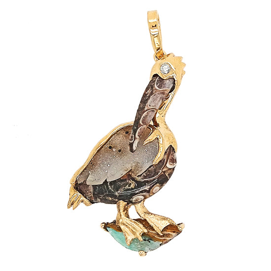 "A Pelican's Place in the Sun" pendant with carved turitella agate, drusy quartz and blue opal in 14Kt gold with diamond eye..