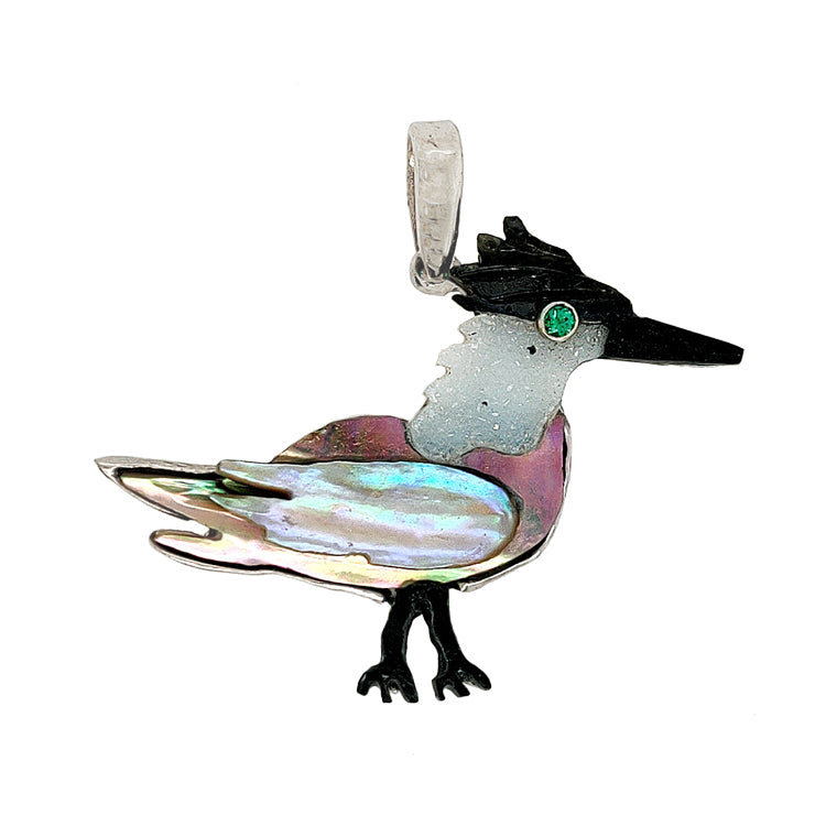 14Kt White Gold Royal Tern Pendant with hand carved Abalone and Druzy Quartz body, Emerald eye and Black Onyx beak. A Handmade One of a Kind Cedar Chest Original Design from our Cinema Collection.  Dimensions:  1-1/4" long,  3/4" wide", 1-1/2" drop