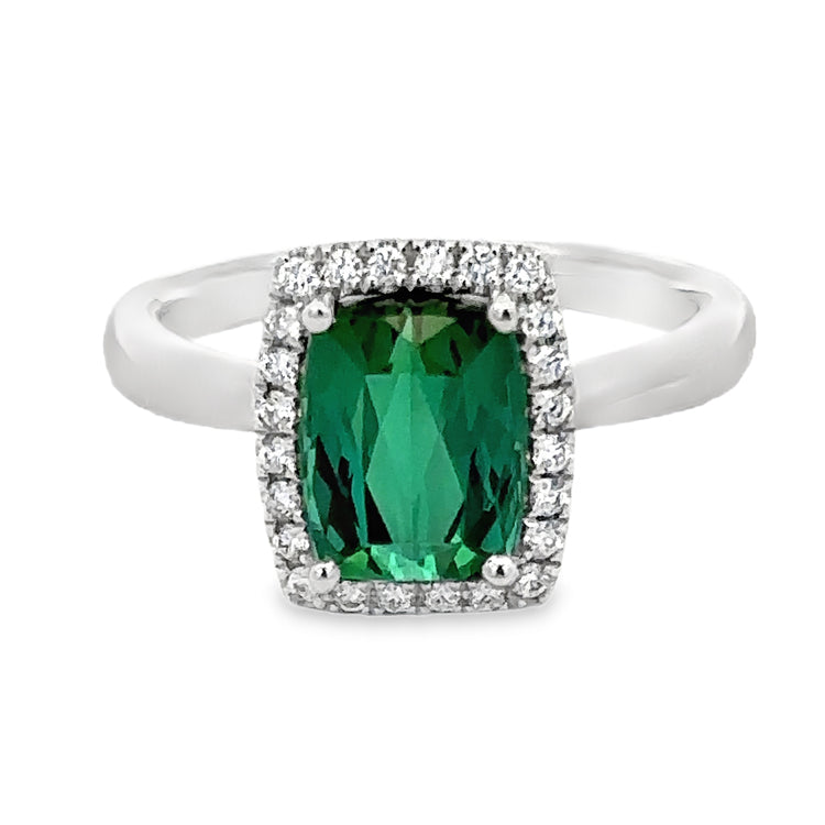 18Kt White Gold Ring with 2.75Ct&nbsp; emerald-cut Green Tourmaline in a halo of .18TW of G-H SI1-SI2 Diamonds.  Dimensions: 11.84mm x 9.88mm centerpiece width, 2.63mm shank width