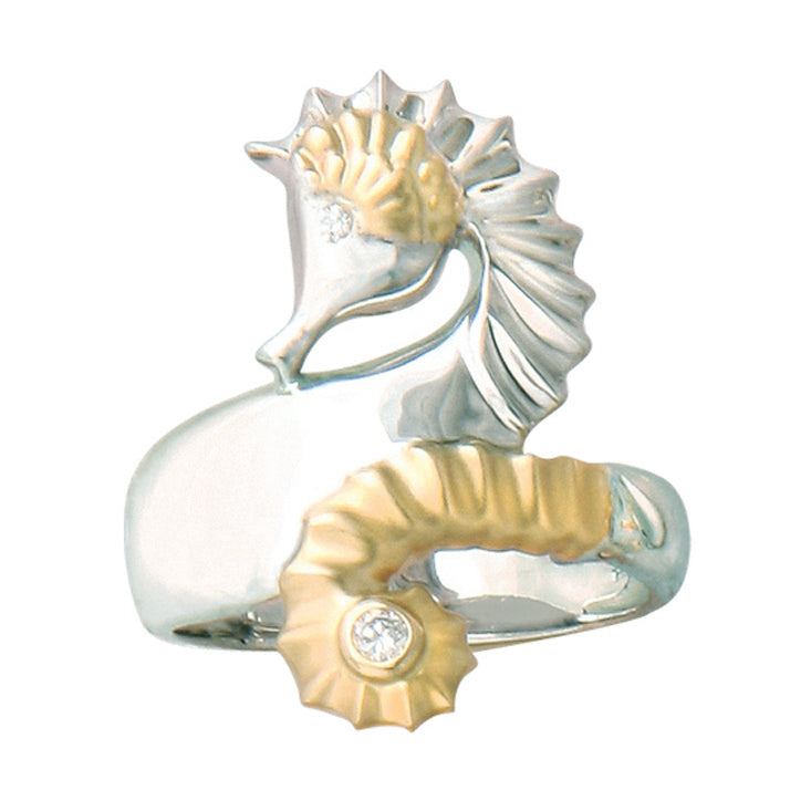 Sterling Silver and 14Kt Yellow or White Gold Seahorse Ring with .07TW of Diamonds