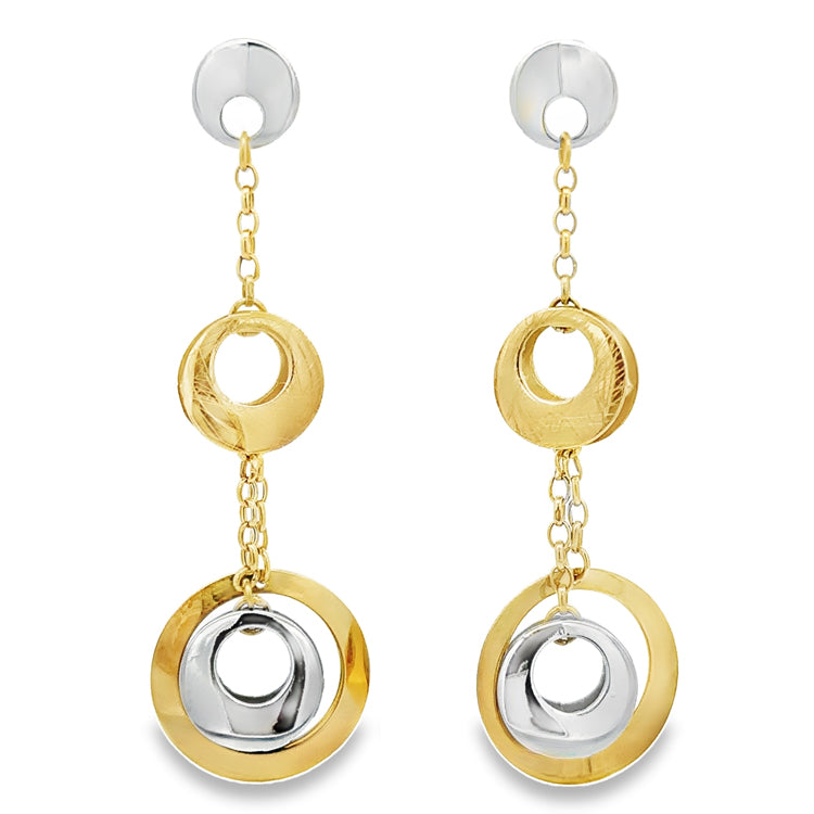 14Kt Dangle style post earrings with 3-D open circles of yellow and white gold joined by chain links. center circles of yellow gold have an etched design , while the other circles are high polished.  Dimensions: 2" overall length, 5/8" diameter largest circle