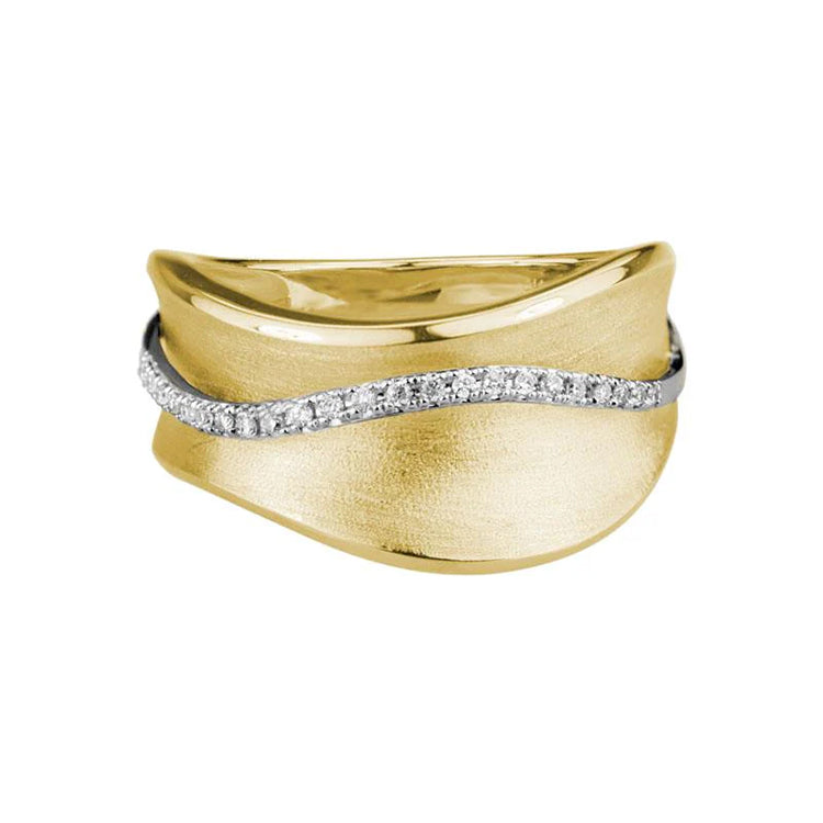 14Kt Yellow Gold Band Ring with .08tw Diamond Wave. Dimensions; 10.5mm-2.75mm taper. Stock size 7. Can be sized.