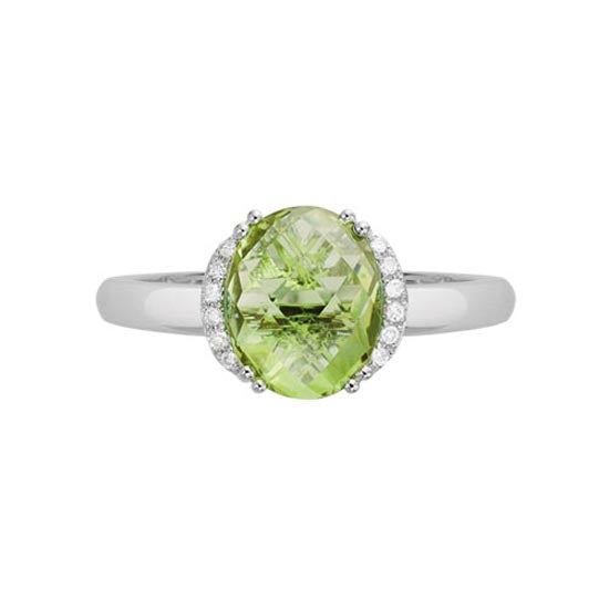 14K White Gold ring with an 3.11ct oval checkerboard peridot and partial diamond halo of 12 round full-cut diamonds&amp;nbsp; Prong-set and double-prong-set.  Dimensions: &amp;nbsp;8mm x 10mm oval peridot, 2.7mm-2mm tapered shank. Stock size 6.5 can be sized.