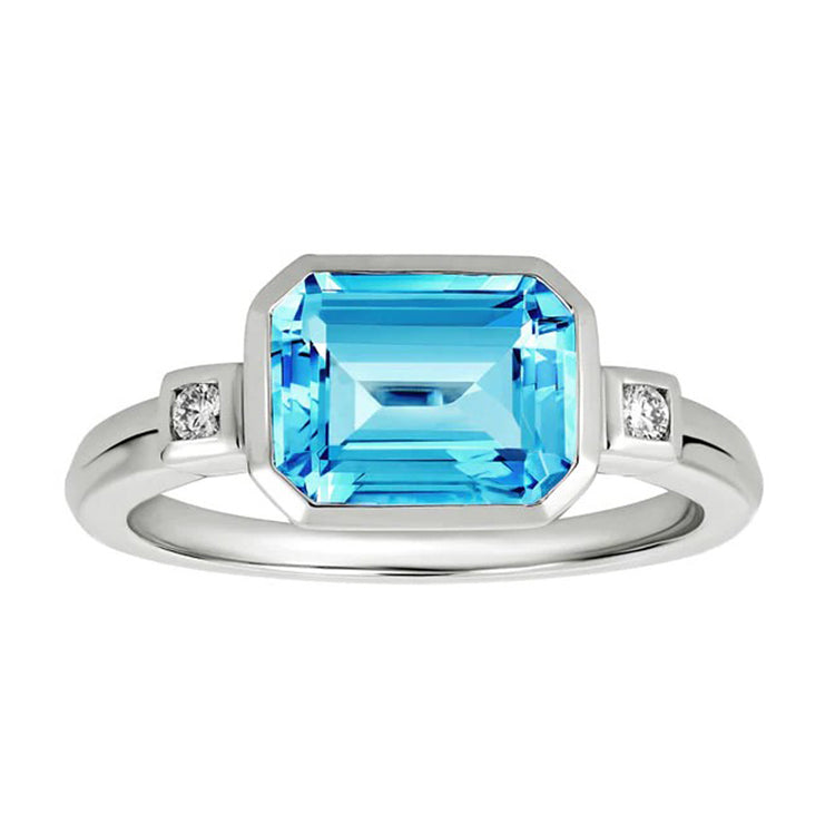 Blue Topaz and Diamond Three Stone Ring, 14Kt