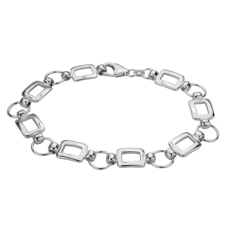 Sterling Silver Rhodium Plated Bracelet. 10mm (width) cirlces and rectangles solid chain link bracelet for 7 inch wrist with lobster clasp. 7.75 inches long.