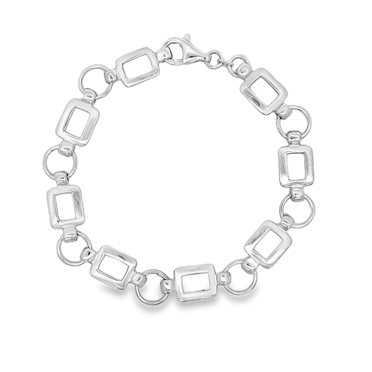 Sterling Silver Rhodium Plated Bracelet. 10mm (width) cirlces and rectangles solid chain link bracelet for 7 inch wrist with lobster clasp. 7.75 inches long.