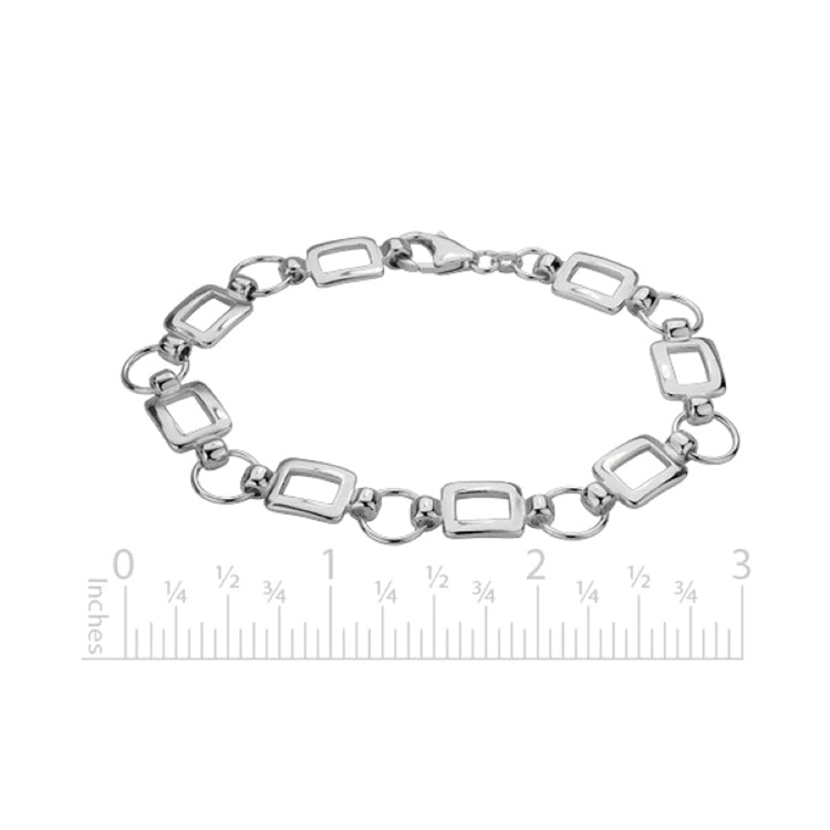 Sterling Silver Rhodium Plated Bracelet. 10mm (width) cirlces and rectangles solid chain link bracelet for 7 inch wrist with lobster clasp. 7.75 inches long.