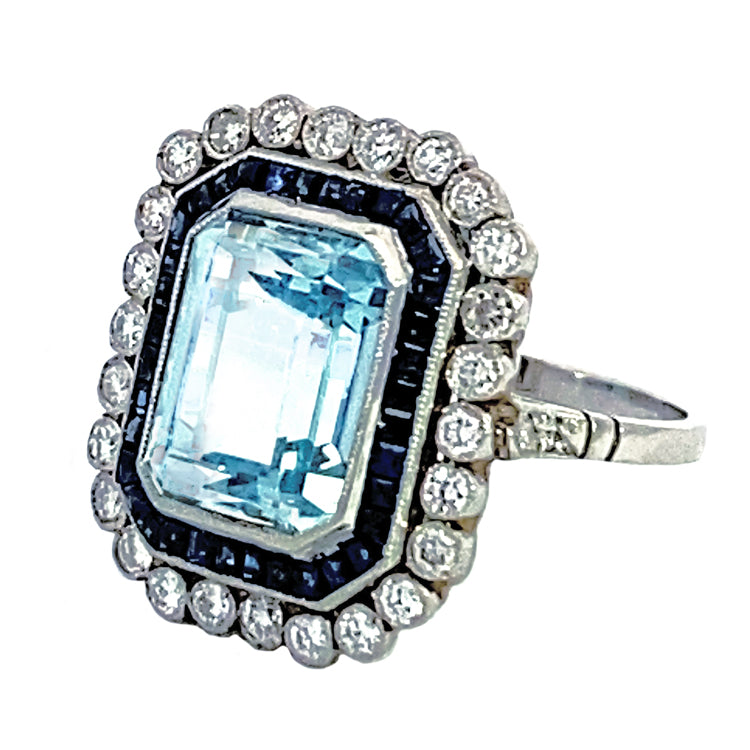 Aquamarine, Sapphire and Diamond Estate Ring, Platinum