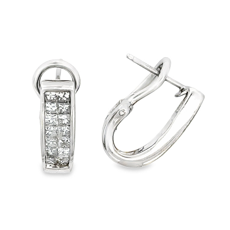 Estate 14Kt white gold omega back J-hoop earrings invisibly set with approximately 0.90tw princess cut diamonds, SI1-SI2 clarity, G-I color.