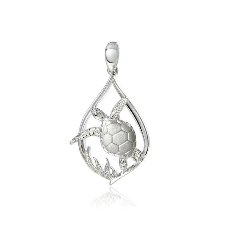  Sterling silver Sea Turtle in teardrop  pendant, Large size. 1-7/8" long