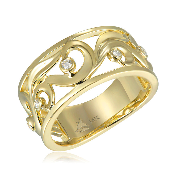 14Kt Yellow Gold Swirl and Wave Band Ring with .10tw Diamonds.