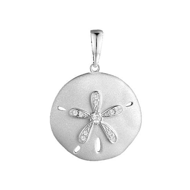 A sterling silver medium sanddollar pendant with cubic zirconia, with a sterling bail.