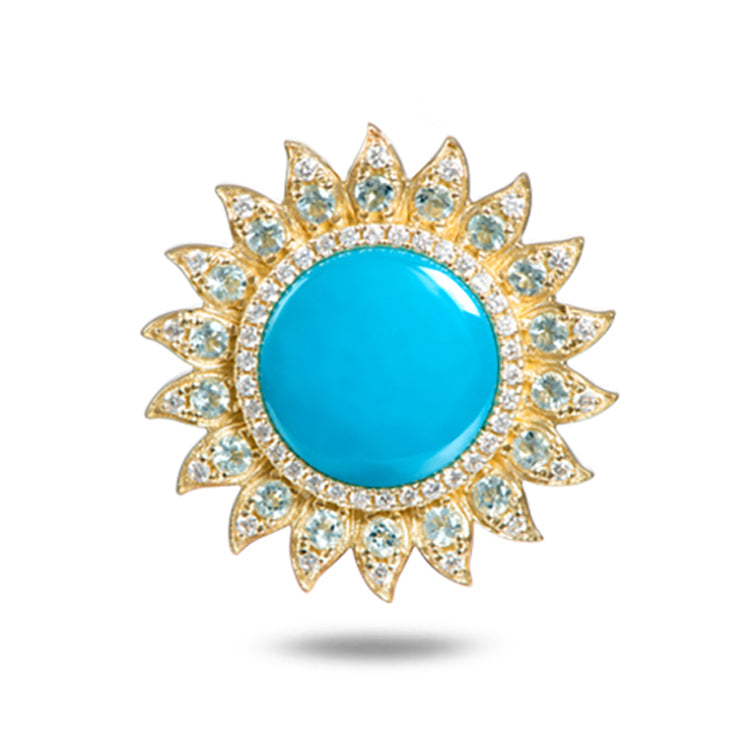 14Kt Yellow Gold Sun Pendant with Larimar, .58TW Aquamarine and .34TW of Diamonds by Alamea. Dimensions- 1" diameter. Hidden Bail
