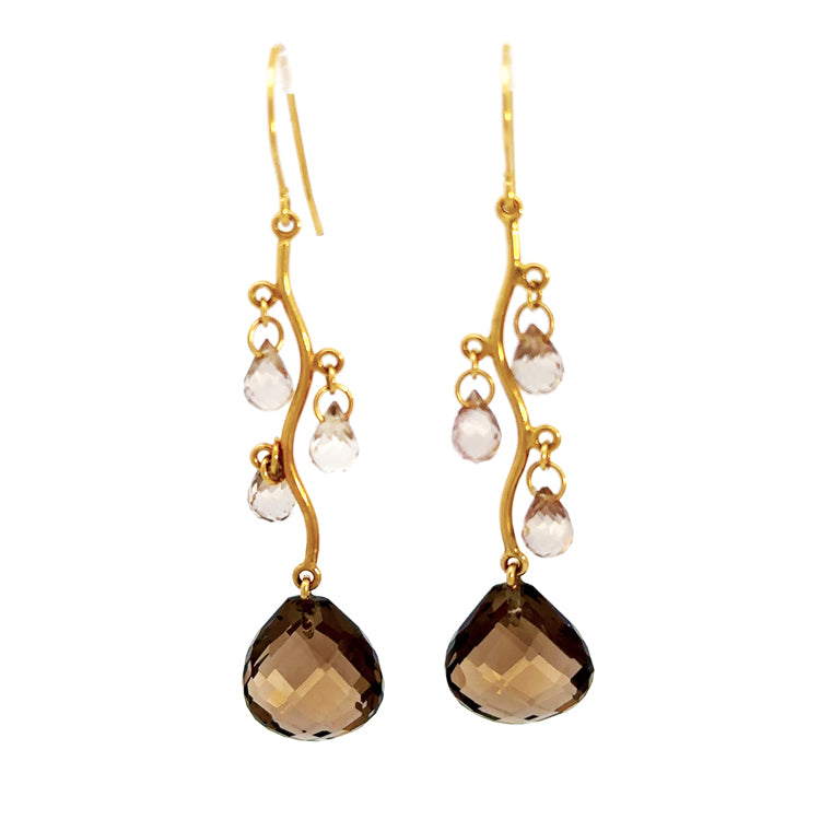 14Kt Yellow Gold Dangle Earrings with multiple Smokey quartz Briolette drops.