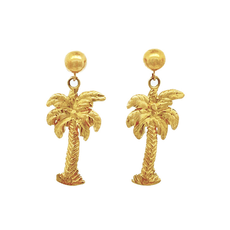 14Kt Yellow Gold Ball Drop Style 3-D Palm Tree Earrings.