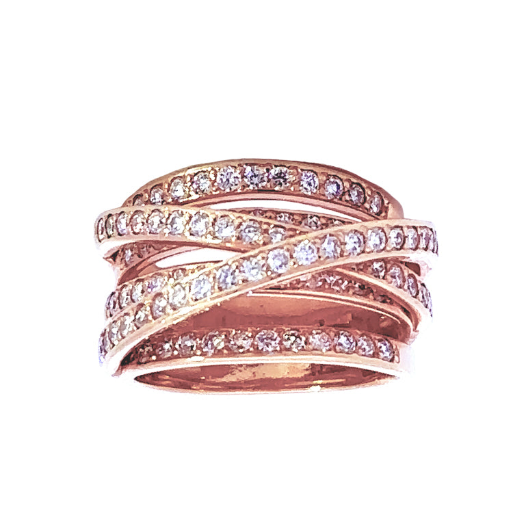 18Kt Pink Gold Two Bands over Four Bands Ring with 1.55TW of Diamonds. Stock size 7