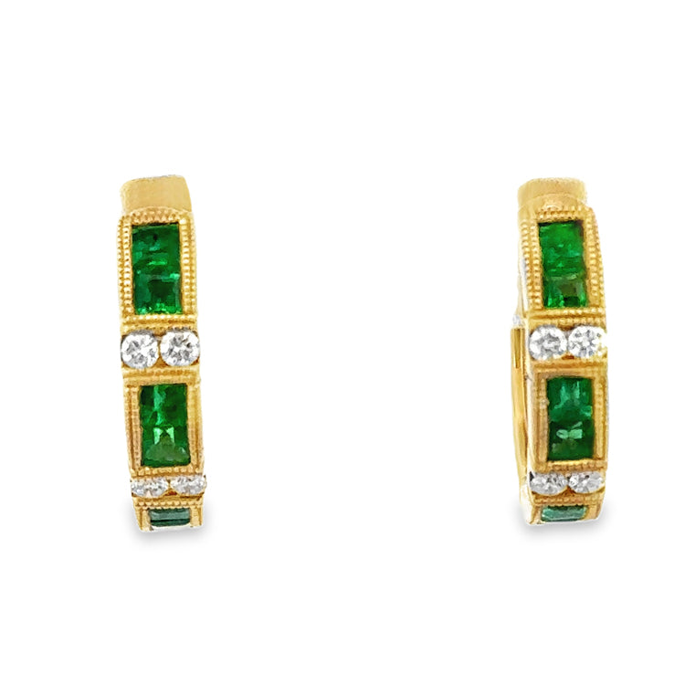 Emerald and Diamond Hoop Earrings, 14Kt