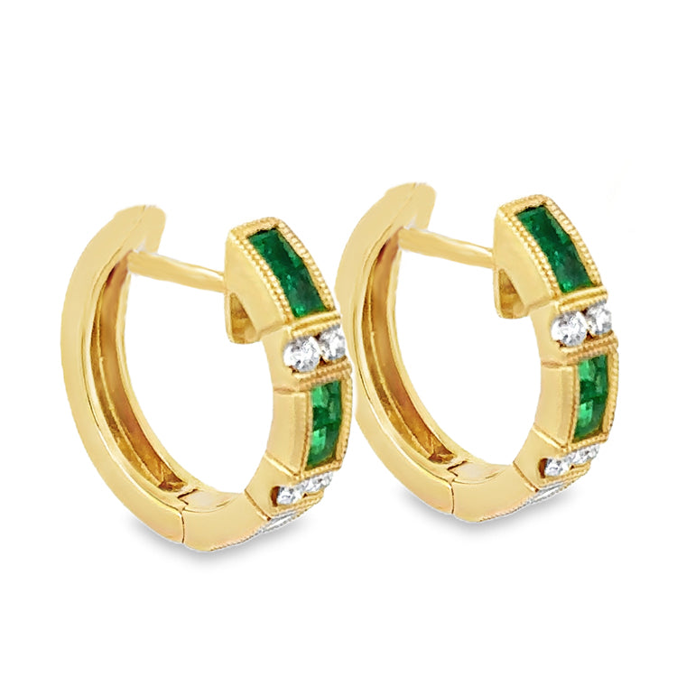 Emerald and Diamond Hoop Earrings, 14Kt