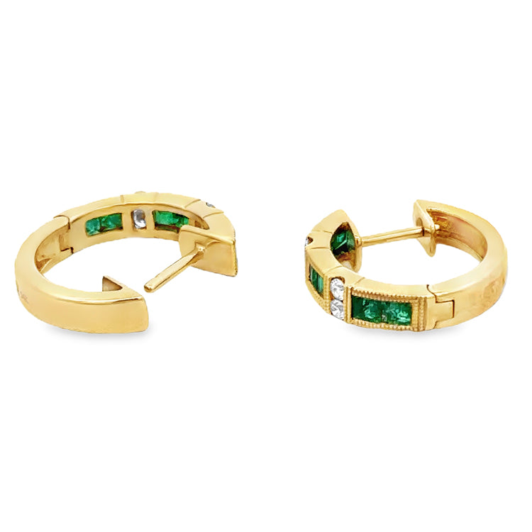 Emerald and Diamond Hoop Earrings, 14Kt