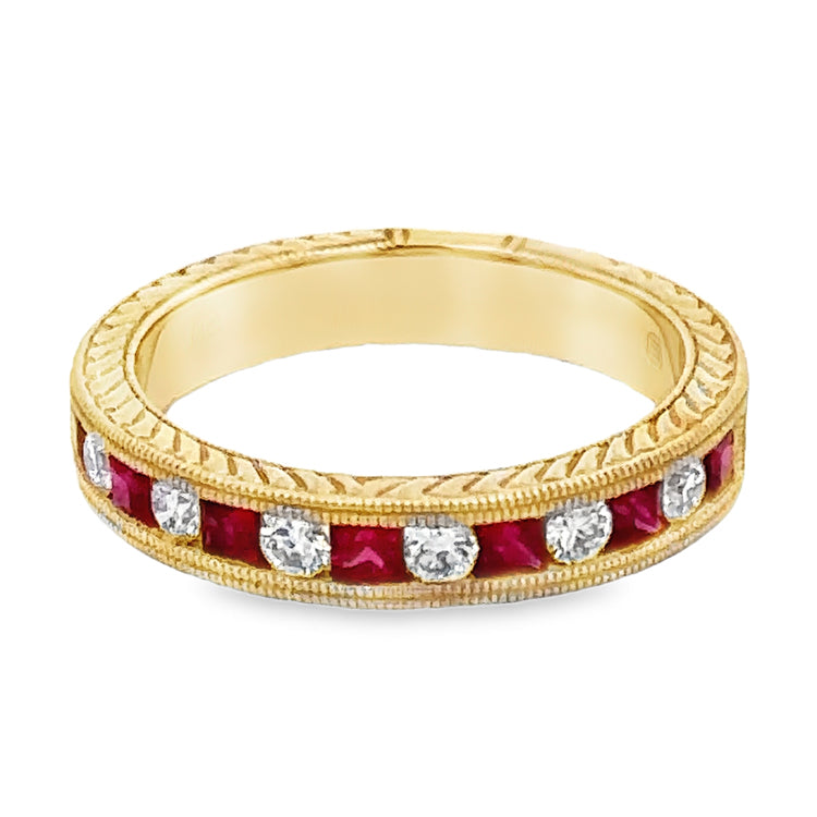 14Kt Yellow Gold Ring with .57TW Rubies and .26TW Diamonds. Stock size 6.5 can be sized.  Dimensions; 3.8mm wide, 2.12mm high on finger.